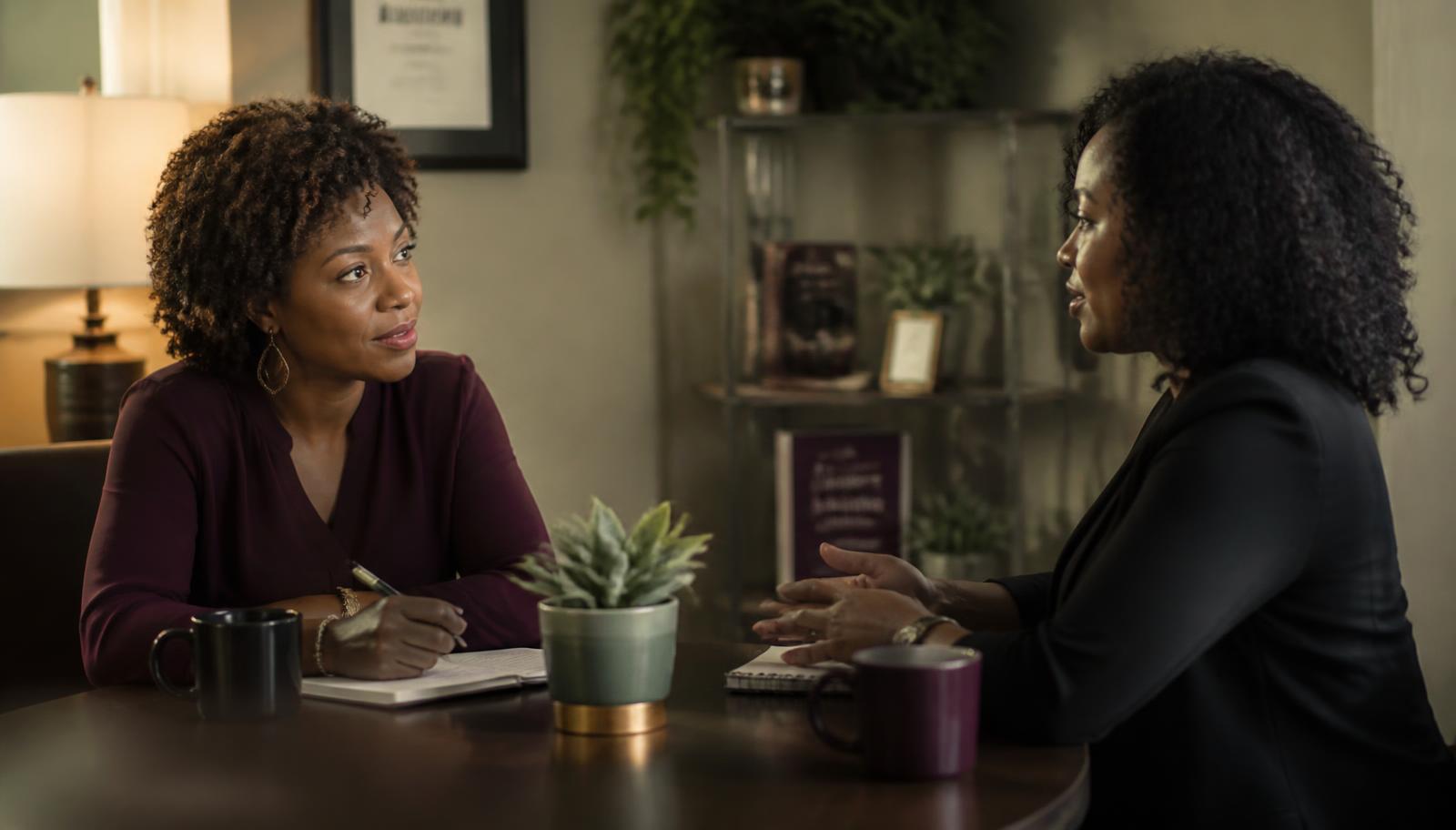 Two Black professional women in a private one-on-one coaching conversation