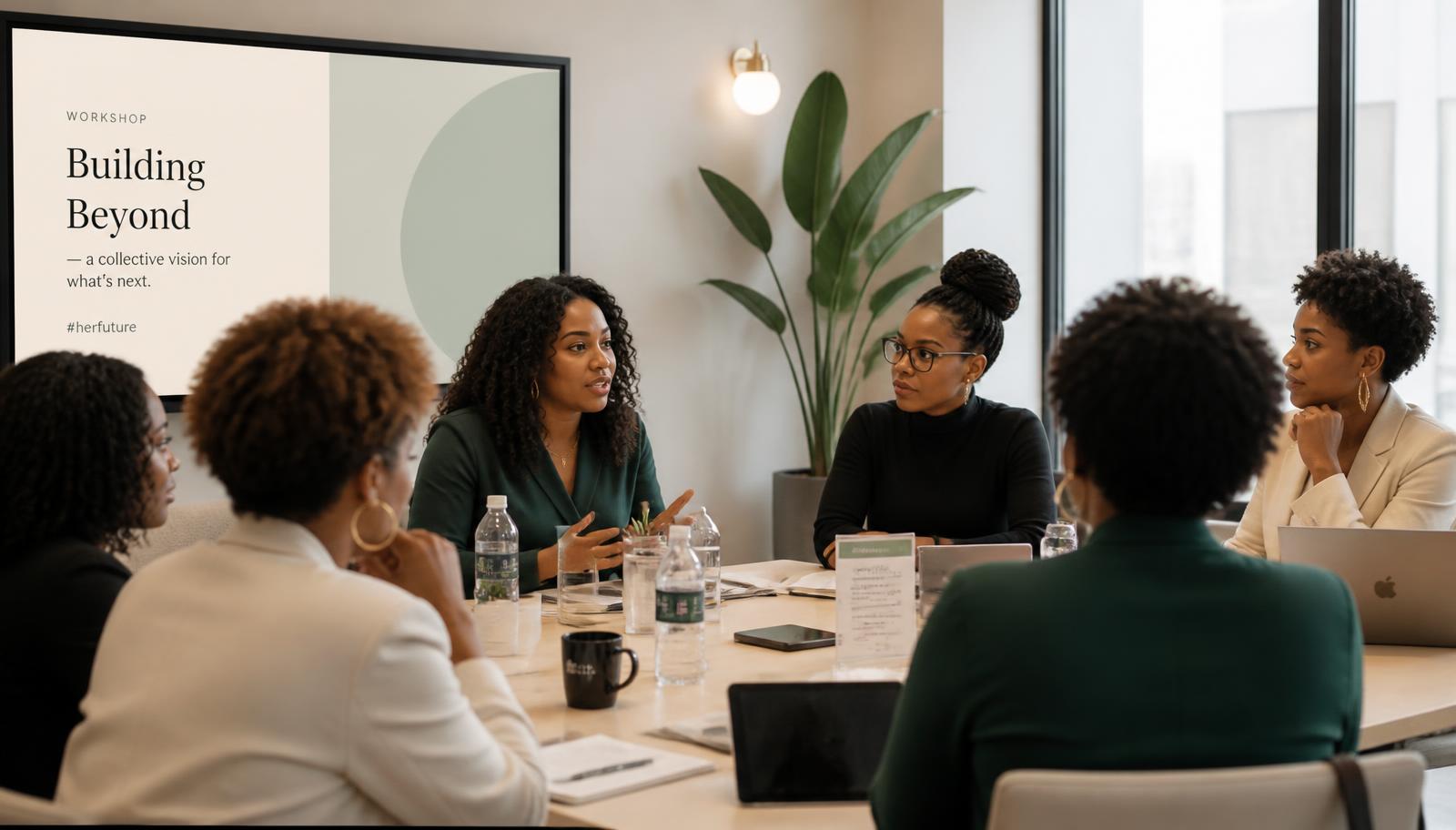 Black professional women in a corporate leadership workshop around a conference table